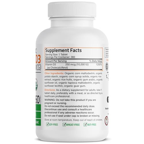 Bronson Vitamin D3 10,000 IU (250 mcg) Certified Organic High Potency Non-GMO Vitamin D Supplement, 360 Tablets