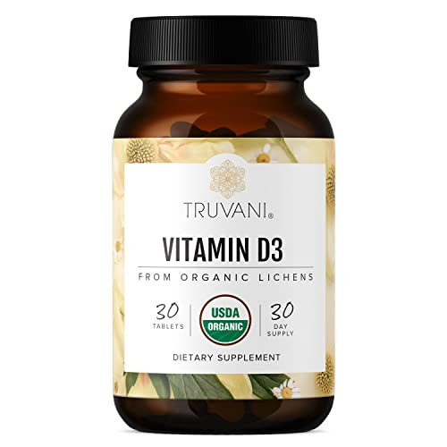 Truvani Organic Vitamin D3 - Plant-Based, USDA Organic, Gluten-Free, Non-GMO, Vegan D3 Supplement - Supports Bone, Immune & Brain Health - 30 Tablets