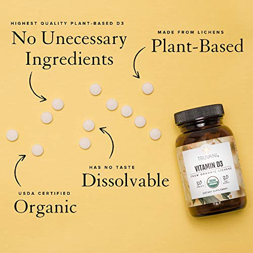 Truvani Organic Vitamin D3 - Plant-Based, USDA Organic, Gluten-Free, Non-GMO, Vegan D3 Supplement - Supports Bone, Immune & Brain Health - 30 Tablets