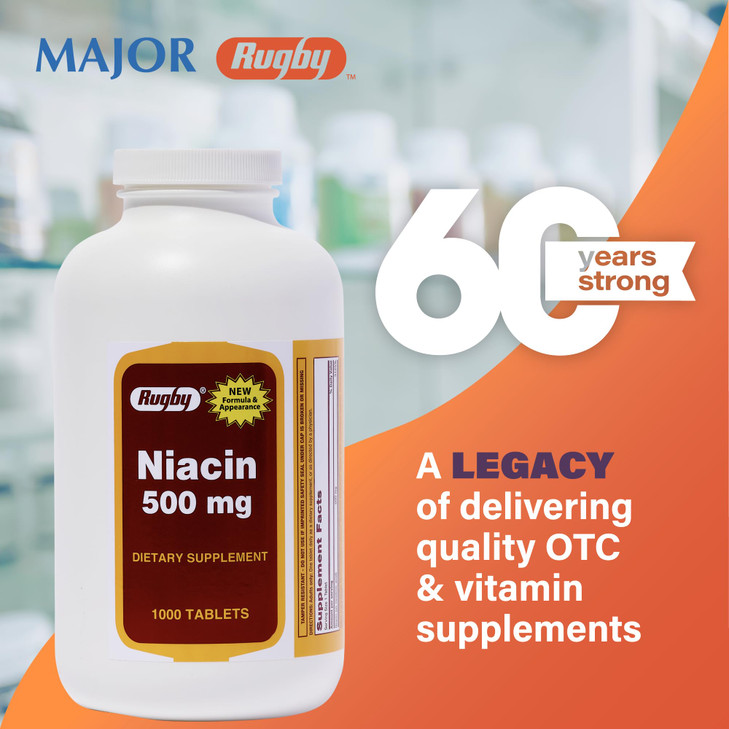 Rugby Niacin 500mg - Vitamin B3 Supplement for Men and Women - 1,000 Tablets (2-Pack)