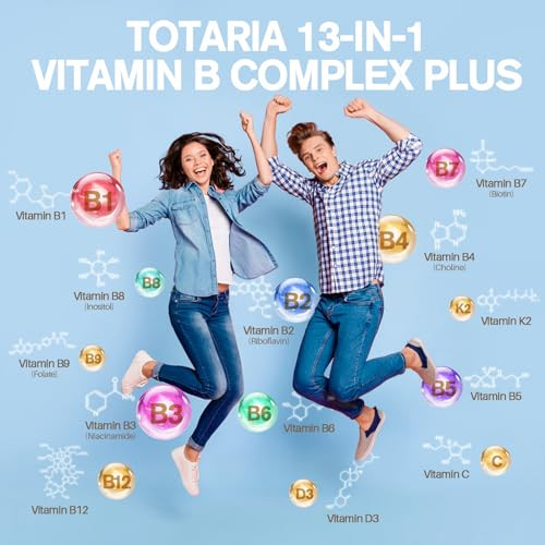 13-in-1 Vitamin B Complex Plus with Vitamin B1, B2, B3 (Niacinamide), B4, B5, B6, B7 (Biotin), B8 (Inositol), B9 (Folate), B12, C, D3, K2 - Energy, N