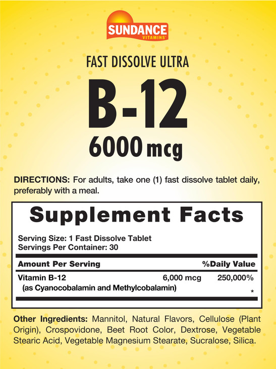 Sundance Fast Dissolve Vitamin B-12 | 6000mcg | 30 Tablets | Natural Berry Flavor | Vegetarian, Non-GMO, and Gluten Free Supplement