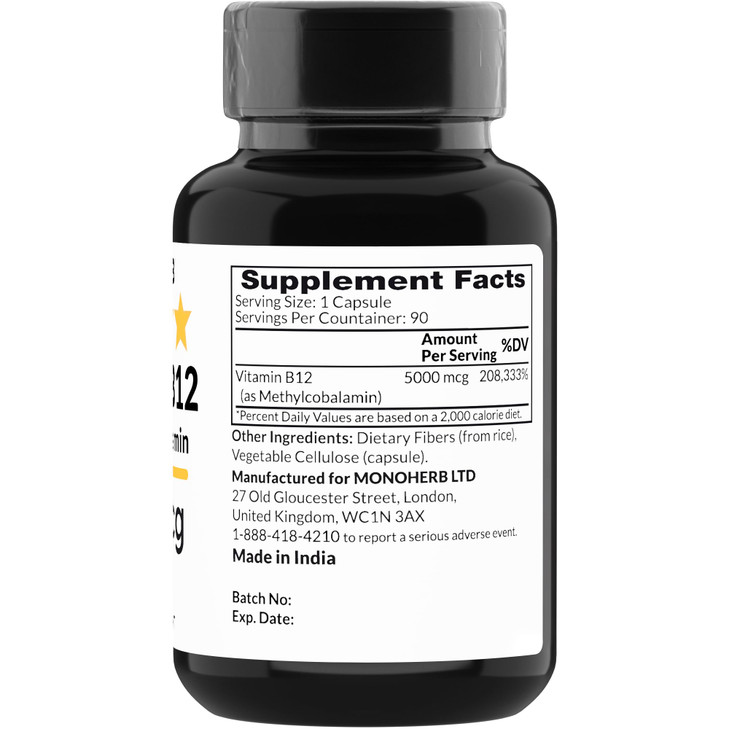 MONOHERB Vitamin B12 Methylcobalamin 5000 mcg - 90 Vegetarian Capsules - B12 Methyl
