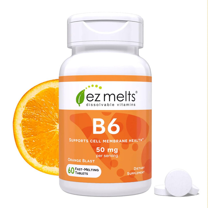 EZ Melts Vitamin B6 - Brain & Heart Health Supplement - Energy Metabolism Support - No Artificial Flavors - Non-GMO & Vegan - Orange Blast - 60 Disso