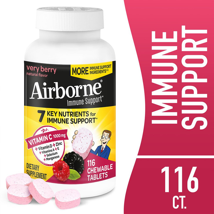 Airborne 1000mg Vitamin C + Zinc Immune Support Supplement Chewable Tablets, Very Berry Flavor with Powerful Antioxidants Vitamins A C & E, 116 Chewa