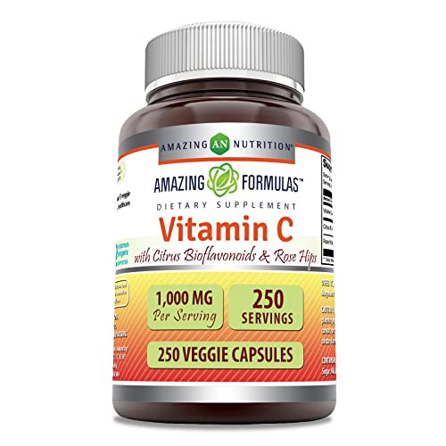Amazing Formulas Vitamin C with Rose HIPS & Citrus Bioflavonoids | 1000 Mg per Serving Supplement | 250 Veggie Capsules | Non-GMO | Gluten-Free | Mad