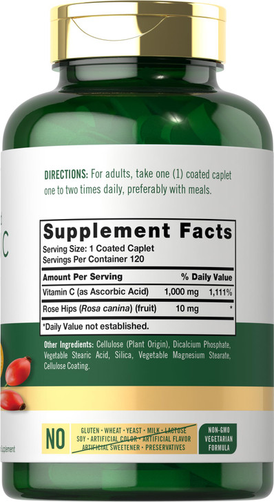 Carlyle Vitamin C 1000mg | Timed Release | 120 Vegetarian Caplets | with Rose HIPS | Non-GMO & Gluten Free Supplement