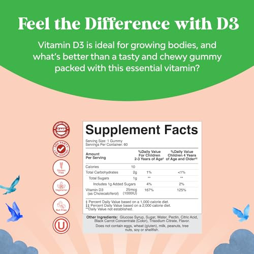 Chewable Vitamin D Gummies for Kids - Delicious Vitamin D 1000 IU Per Serving - Toddlers Immune Support Gummies - Berries Flavored Supplement for Bon