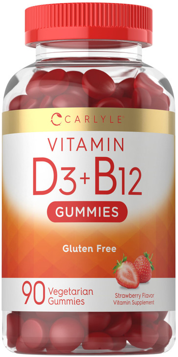 Carlyle Vitamin D3 + B12 Complex Gummies | 90 Count | Vegetarian, Non-GMO, and Gluten Free Formula | Strawberry Flavor Supplement