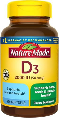 Nature Made, Vitamin D3 2,000 I.U. Liquid Softgels, 250-Count (Pack of 2)