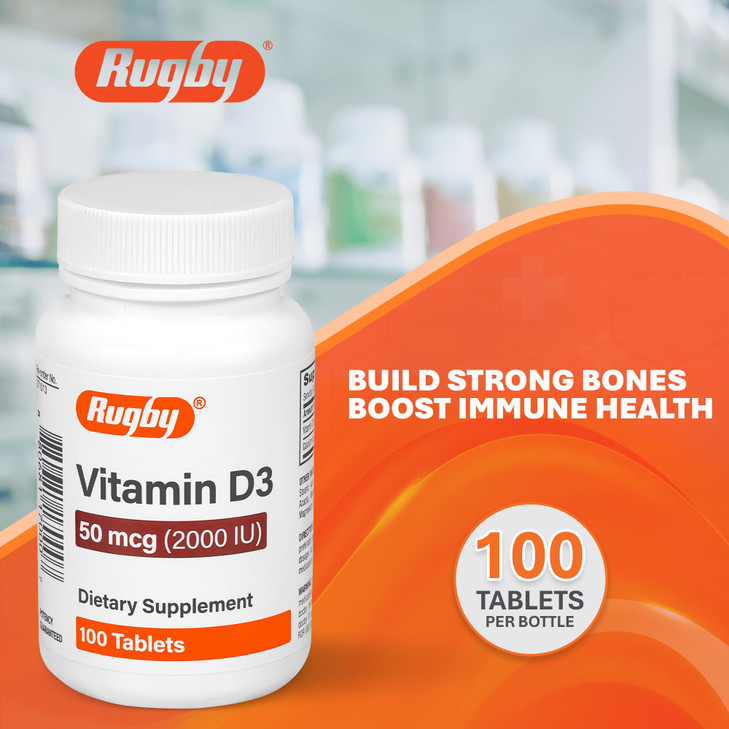 Rugby Vitamin D3 2000 IU (50 mcg) - Gluten-Free Daily Vitamin D Dietary Supplement for Bone, Teeth, and Immune Health 100 Tablets