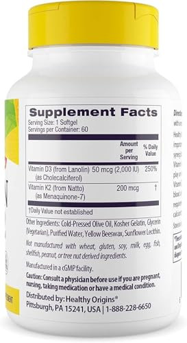 Healthy Origins Vitamin D3 & K2 - Vitamin D3, 50 mcg - Vitamin K2, 200 mcg - Easily Absorbable Vitamin D & Vitamin K Supplements - Non-GMO & Gluten-F