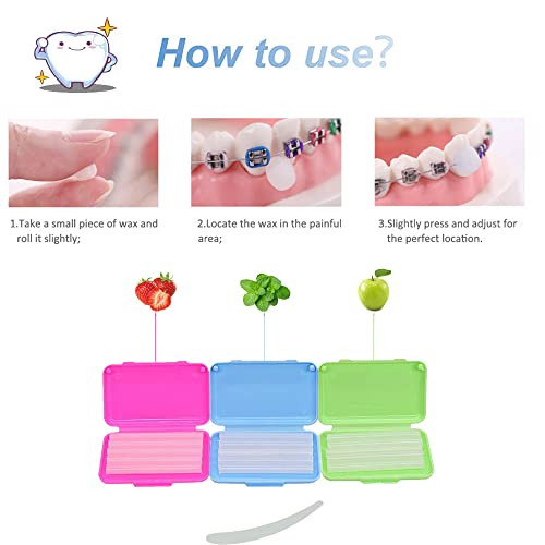 Dental Wax,Orthodontic Wax With Colorful Storage Cases(Mint,Apple,Strawberry).Dental Patient Wax Applicator Scraper Kit(White).For Braces Aligners We