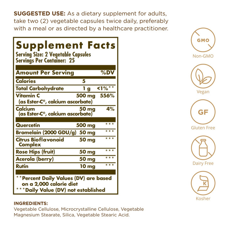 Solgar Quercetin Complex with Ester-C Plus - 50 Vegetable Capsules, Pack of 2 - Immune Health Support - Gentle on The Stomach Vitamin C - Non-GMO, Ve