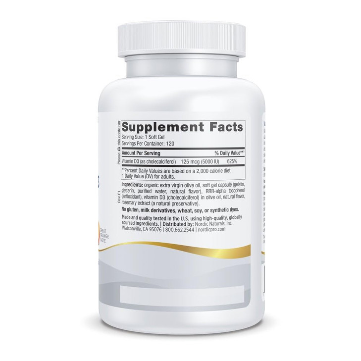 Nordic Naturals Pro Vitamin D3 5000, Orange - 120 Mini Soft Gels - 5000 IU Vitamin D3 - Supports Healthy Bones, Mood & Immune System Function - Non-G