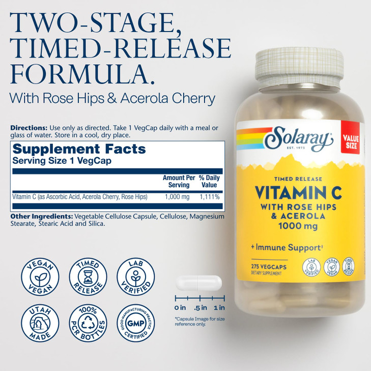 SOLARAY Vitamin C 1000mg - Time Release Vitamin C Capsules w/Rose HIPS and Acerola for Bioflavonoid Support - Two-Stage, All-Day Immune Support - Veg