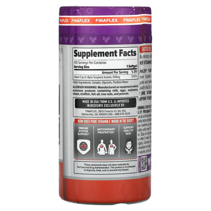 FINAFLEX Pure Vitamin E - 100 Softgels - Immune System Support, Nourishes & Heals Skin - 100 Servings