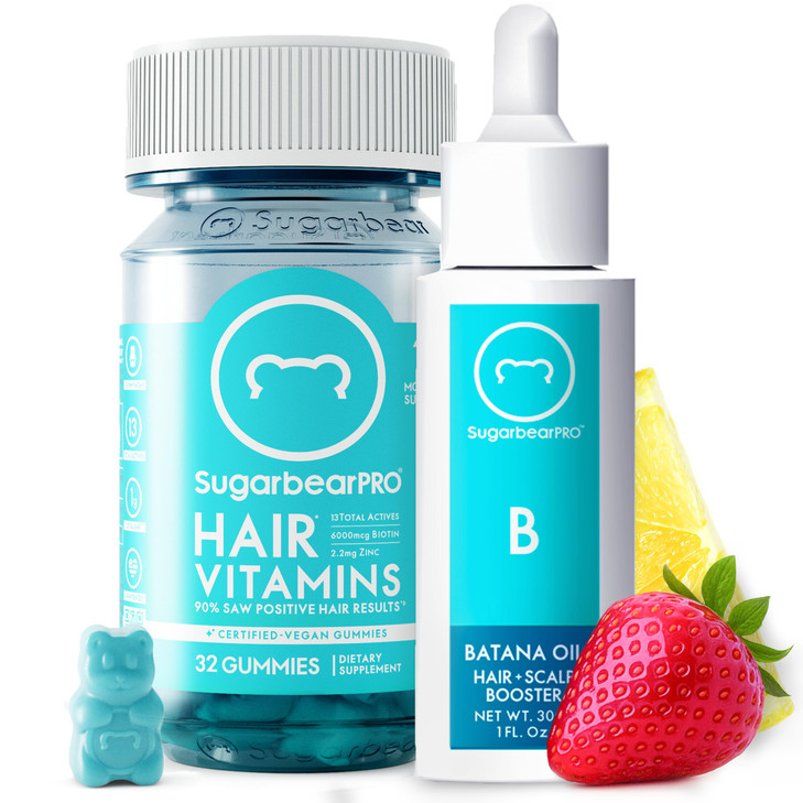 SugarBearPro Batana Hair Oil & Glass-Dropper Applicator, 1oz + Vegan Hair Vitamin Gummies 1 Month Supply, Extra Strength Biotin 6000mcg