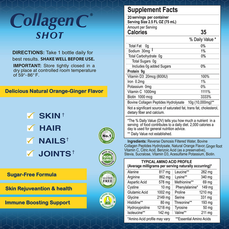 CollagenC - skin glow shot 20 pack - Collagen 10g, Vitamin c 1000mg, Biotin 1000mcg, Vitamin D 800 IU - Natural Orange-Ginger Flavor 2.5oz Bottle - 2