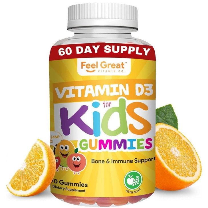 Vitamin D3 1000IU Gummy Vitamins for Kids (60 Day Supply) by Feel Great Vitamin Co | 60 Gummies | Delicious Plant Based Gummies | Supports Healthy Bo