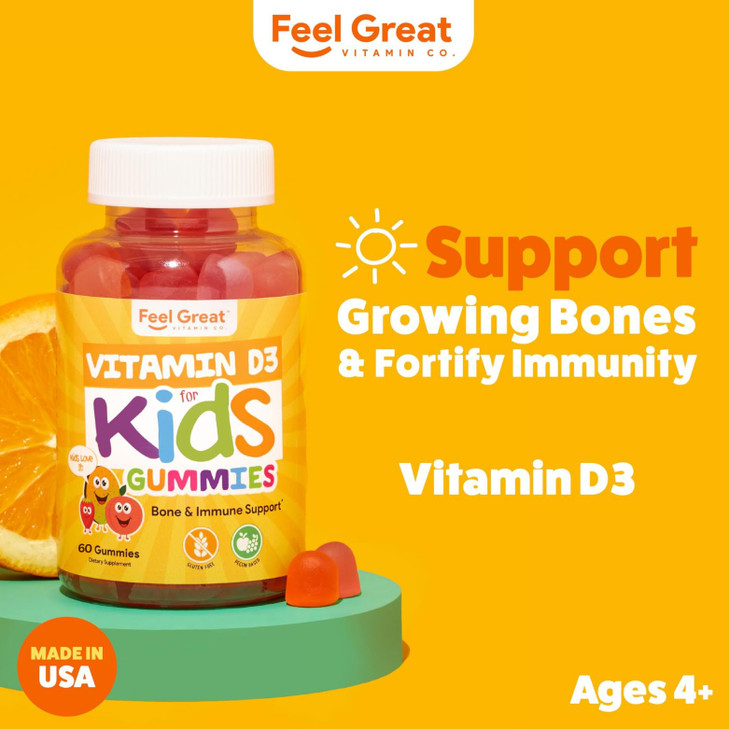Vitamin D3 1000IU Gummy Vitamins for Kids (60 Day Supply) by Feel Great Vitamin Co | 60 Gummies | Delicious Plant Based Gummies | Supports Healthy Bo