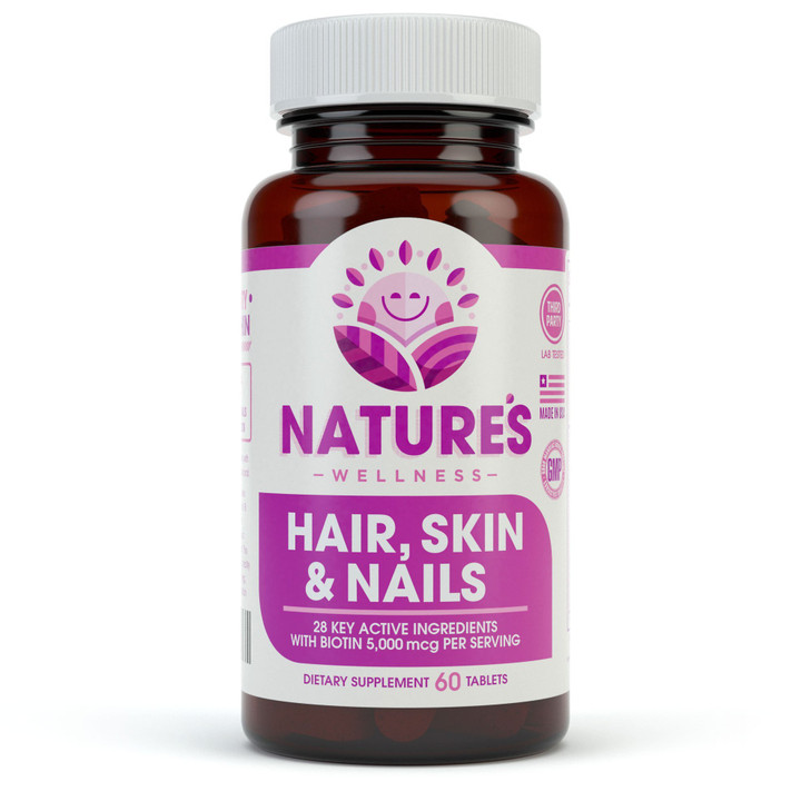 Natures Wellness Hair, Skin & Nails Essential Nourishing Supplement, 60-Count | 4000mcg Biotin + Vitamins A, C and E, B Complex Vitamins, and Advance