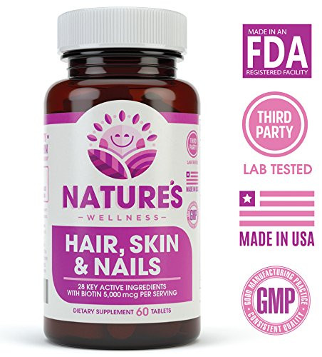 Natures Wellness Hair, Skin & Nails Essential Nourishing Supplement, 60-Count | 4000mcg Biotin + Vitamins A, C and E, B Complex Vitamins, and Advance