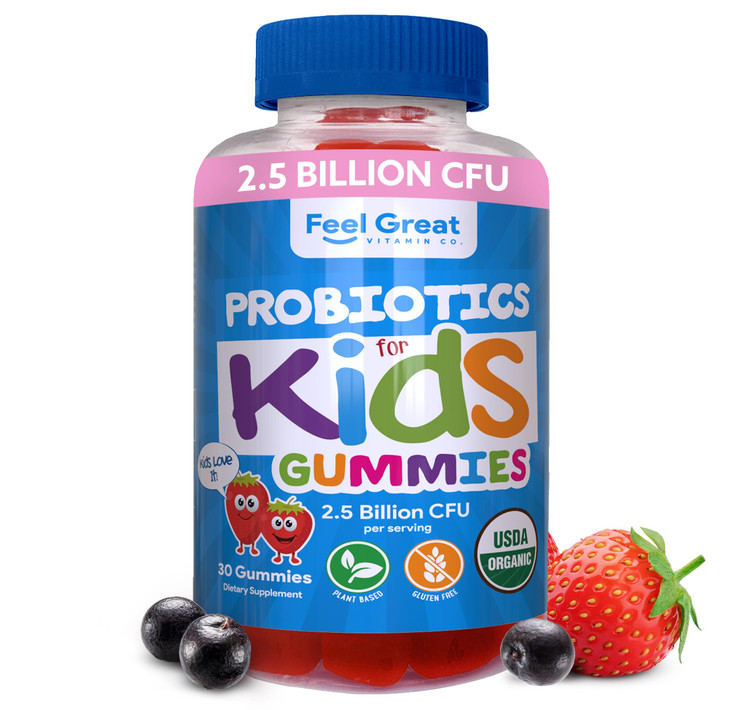 Feel Great USDA Organic Kids Probiotics Gummies | Chewable Strawberry Probiotics for Digestive Health & Immune Support | Plant Based Probiotic & Preb