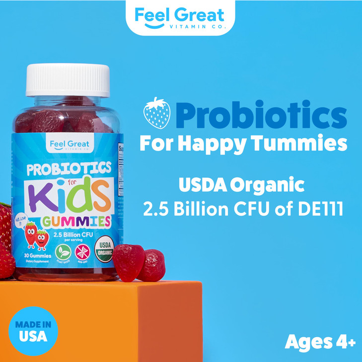 Feel Great USDA Organic Kids Probiotics Gummies | Chewable Strawberry Probiotics for Digestive Health & Immune Support | Plant Based Probiotic & Preb