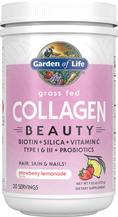 Garden of Life Grass Fed Collagen Beauty - Strawberry Lemonade, 20 Servings, Powder for Women Men Hair Skin Nails, Hydrolyzed Collagen Peptides Prote
