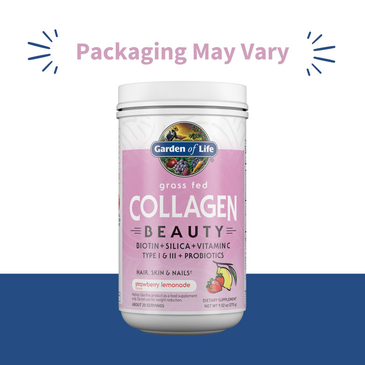 Garden of Life Grass Fed Collagen Beauty - Strawberry Lemonade, 20 Servings, Powder for Women Men Hair Skin Nails, Hydrolyzed Collagen Peptides Prote
