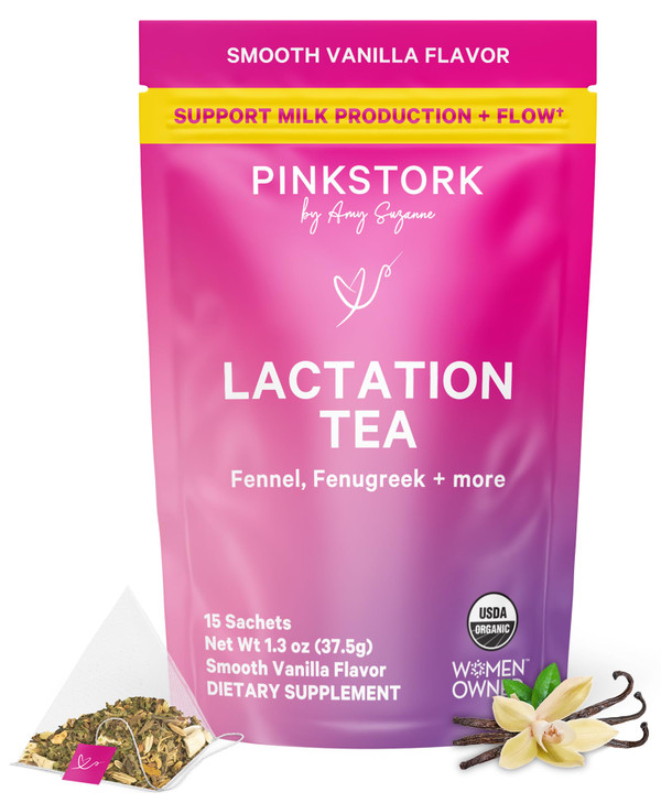 Pink Stork Organic Lactation Tea  Fenugreek, Fennel, Milk Thistle + More  Support for Breastfeeding, Pumping, Hydration, Milk Flow  Smooth Vanilla