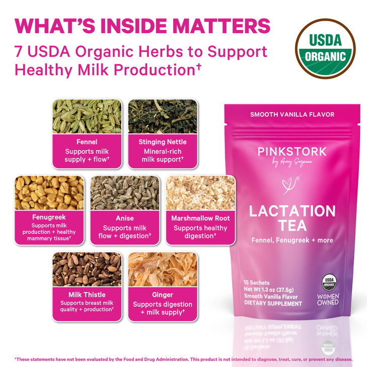 Pink Stork Organic Lactation Tea  Fenugreek, Fennel, Milk Thistle + More  Support for Breastfeeding, Pumping, Hydration, Milk Flow  Smooth Vanilla
