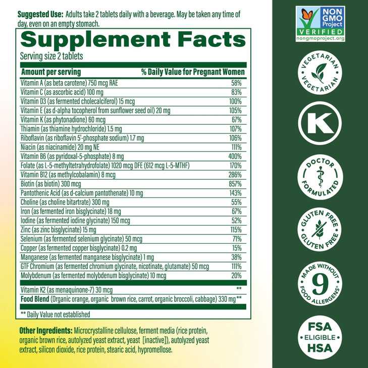 MegaFood Baby & Me 2 Prenatal Vitamin and Minerals - Vitamins for Women - with Folate (Folic Acid Natural Form), Choline, Iron, Iodine, and Vitamin C