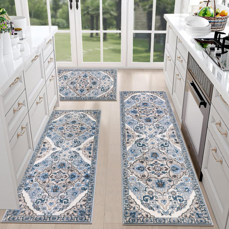 HEBE Farmhouse Kitchen Rugs Sets of 3 Non Slip Washable Boho Kitchen Rugs and Mats for Floor Kitchen Runner Rug Floor Carpet for Kitchen, Laundry, Ha