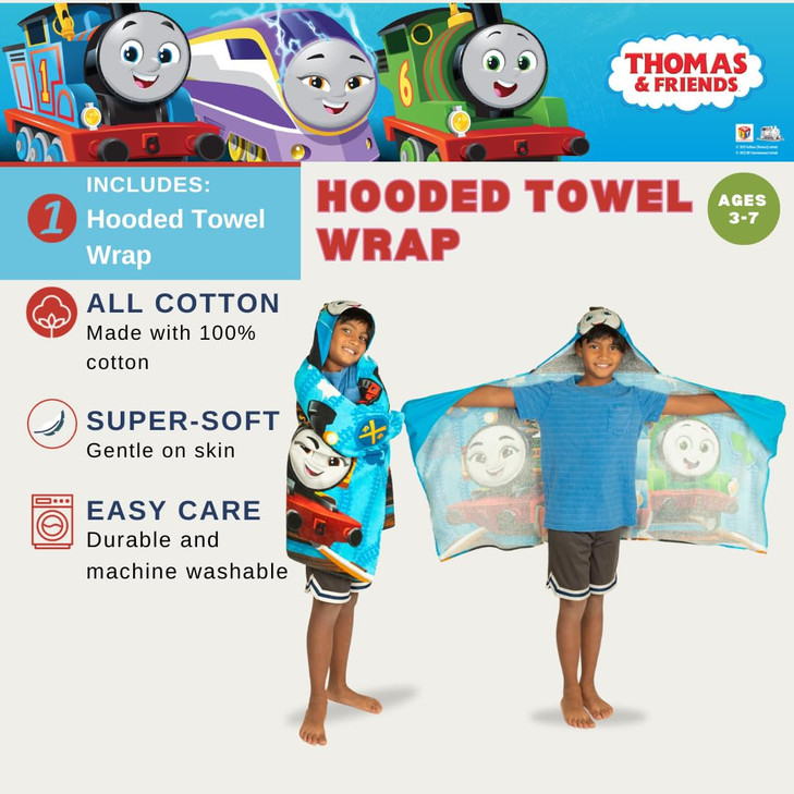 Thomas & Friends Kids Super Soft Bath/Pool/Beach Soft Cotton Terry Hooded Towel Wrap, 24 in x 50 in, (100% Officially Licensed Product) By Franco