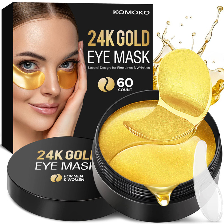 Komoko 30-Pairs 24K Gold Under Eye Patches, Skin Care, Golden Under Eye Mask Anti-Aging Collagen & Amino Acid, Eye Mask for Removing Dark Circles, Pu