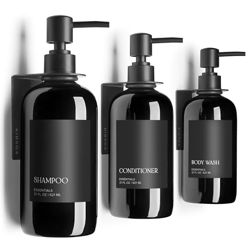 Stylish Shampoo and Conditioner Dispenser Set of 3 for Wall Mount - Modern Drill Free 21oz Shower Soap Bottles with Labels - Easy Refill Body Wash Di