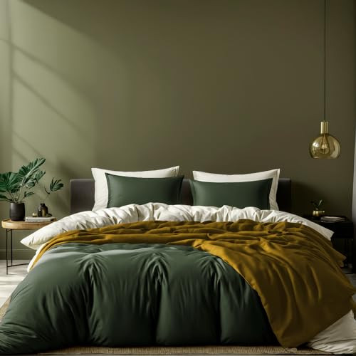 White Classic Dark Green Duvet Cover Queen Size, Microfiber Duvet Cover with Zipper, Duvet Cover Set with 2 Pillow Shams, Luxury Soft Comforter Cover