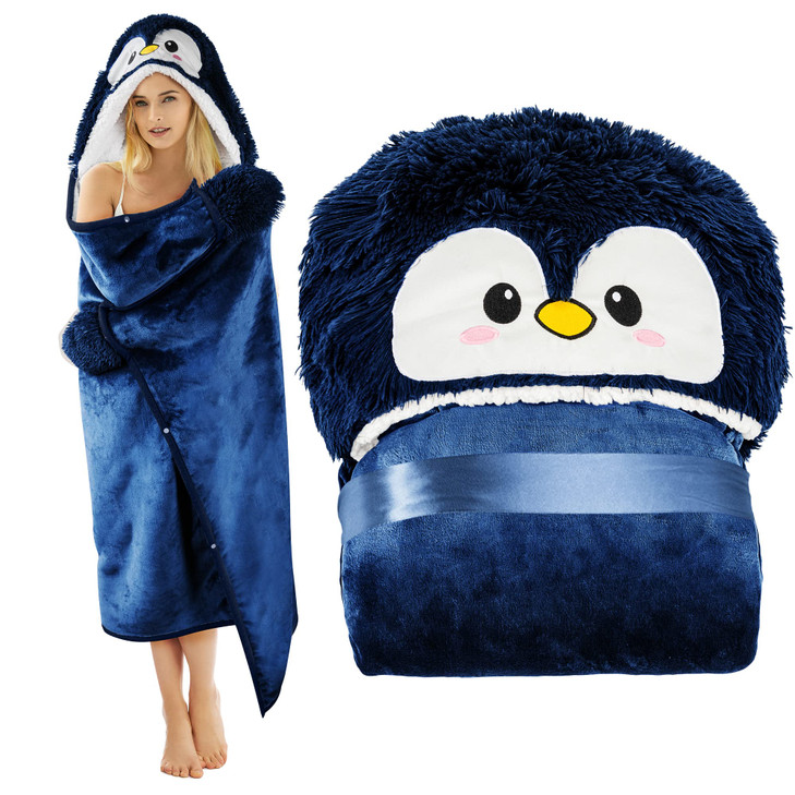 Penguin Wearable Hooded Blanket for Adults  Super Soft Warm Cozy Plush Flannel Fleece & Sherpa Hoodie Throw Cloak Wrap - Penguin Gifts for Women Adu