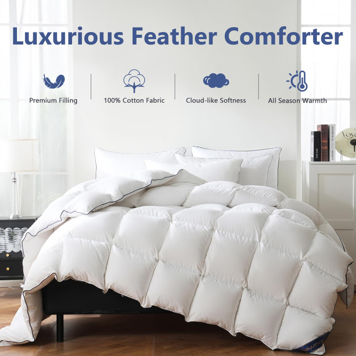 DOWNCOOL Feather Down Fiber Comforter King Size, 100% Cotton Ultra Soft Fluffy Duvet Insert King, All Season Luxurious Hotel Bedding Comforters with