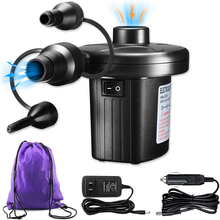 Electric Air Pump, 110V AC/12V DC Portable Air Mattress Two-Way Universal Inflator Pump for Inflatables Pool, Airbeds, etc with 3 Nozzles and Storage