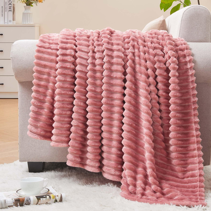 BEDELITE Fleece Throw Blanket for Couch  3D Ribbed Jacquard Soft and Warm Decorative Fuzzy Blanket  Cozy, Fluffy, Plush Lightweight Pink Throw Blan