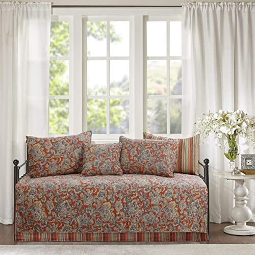 Cozy Line 6 Piece Daybed Set- Copper Orange Vintage Floral Paisley Stripe Printed Reversible Cotton Bedding with Bedskirt, Matching Shams, Decorative