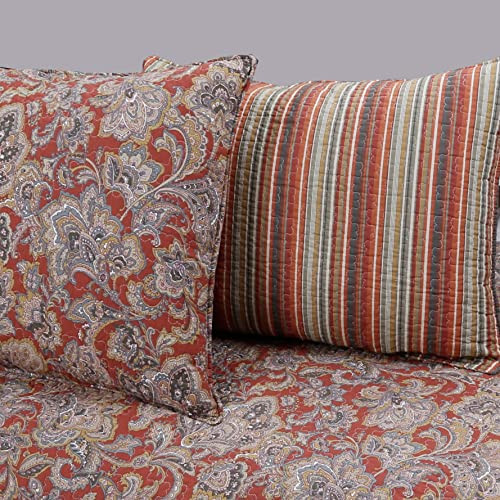 Cozy Line 6 Piece Daybed Set- Copper Orange Vintage Floral Paisley Stripe Printed Reversible Cotton Bedding with Bedskirt, Matching Shams, Decorative