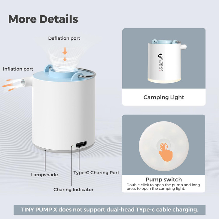 FLEXTAILGEAR Tiny Pump X Portable Air Pump+ Camping Light Ultra-Mini Air Pump with 1300mAh Battery USB Rechargeable for Sleeping Pads Pool Floats Air