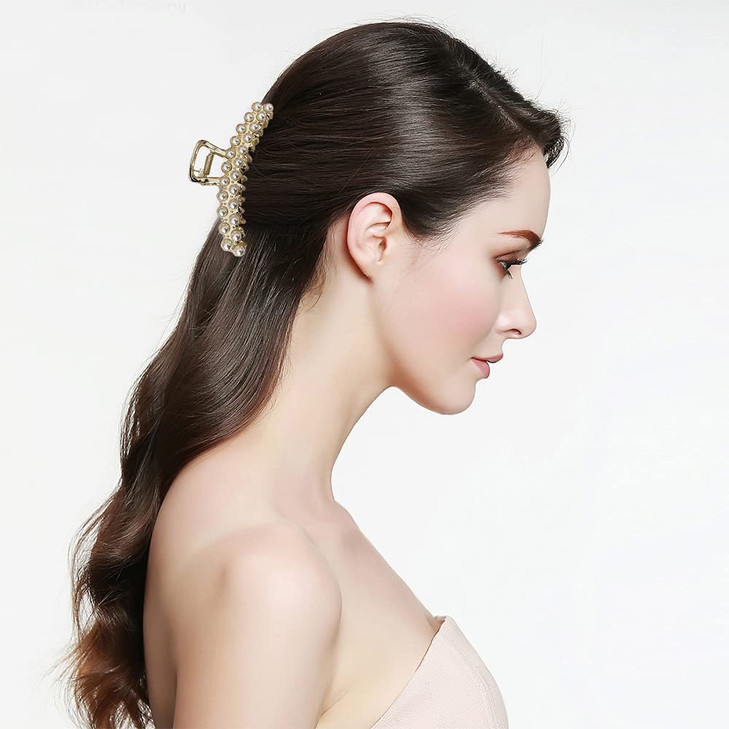 Pearl Hair Claw Clips,Large Hair Clips Jaw Clips Long Hair Shark Hair Clips Pearl Non-Slip Hair Clip Clamp Styling Accessories for Women and Girls