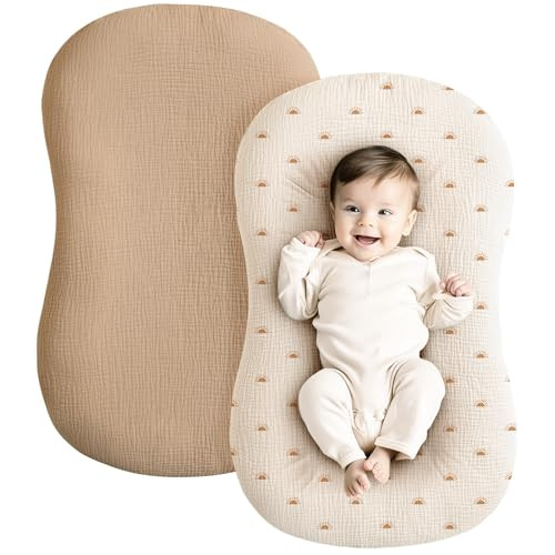 Konssy Muslin Baby Lounger Cover 2 Pack, 100% Cotton Newborn Lounger Cover, Soft and Breathable Baby Nest Slipcover for Boys Girls (Camel,Sun)