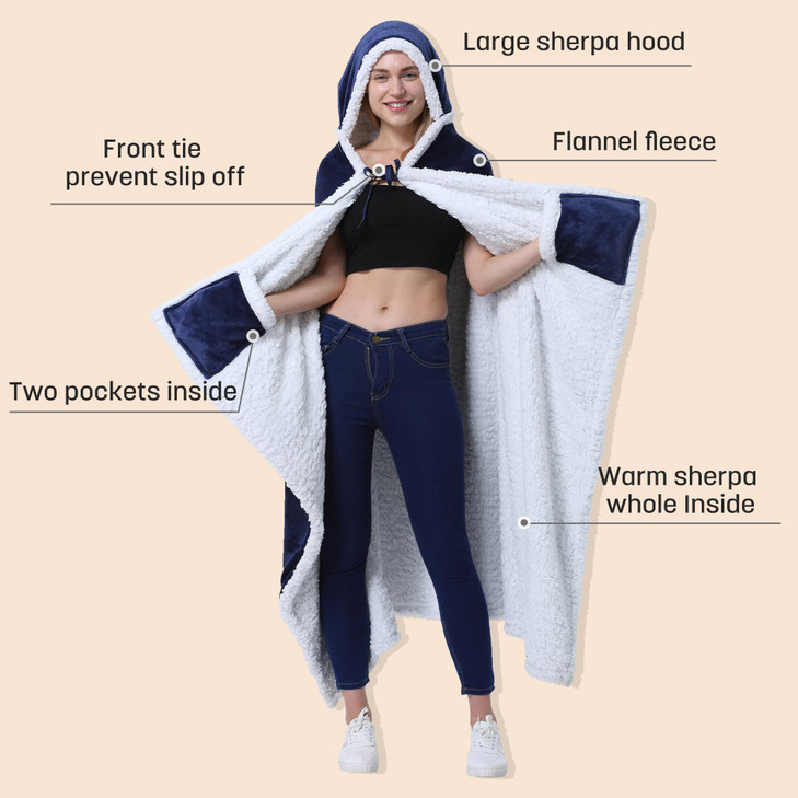 Catalonia Hooded Blanket Poncho | Wearable Blanket Wrap with Hand Pockets | Comfy Sherpa Fleece Throw Cape for Adults, Women Gift