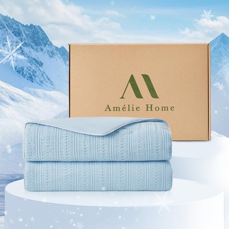Amélie Home Waffle Cooling Comforter Queen Size, Q-Max 0.45 Reversible Lightweight Cooling Blanket for Hot Sleepers, Breathable Bedding for Night Swe